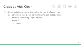 Ciclos de Vida Clean
13
1. A fase mais interessante deste ciclo de vida é a fase clean.
a. Somente a fase clean, apresenta uma goal associada ao
maven-clean-plugin por padrão:
b. A goal é:
i. clean;
Édipo Daniel Aragão - Maven Básico
 