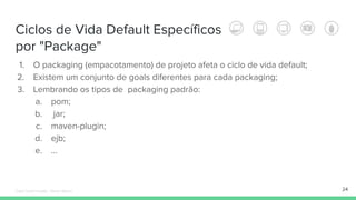 1. O packaging (empacotamento) de projeto afeta o ciclo de vida default;
2. Existem um conjunto de goals diferentes para cada packaging;
3. Lembrando os tipos de packaging padrão:
a. pom;
b. jar;
c. maven-plugin;
d. ejb;
e. ...
Ciclos de Vida Default Específicos
por "Package"
24Édipo Daniel Aragão - Maven Básico
 