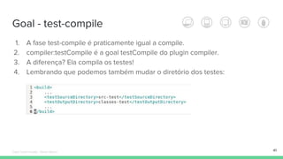 Goal - test-compile
41
1. A fase test-compile é praticamente igual a compile.
2. compiler:testCompile é a goal testCompile do plugin compiler.
3. A diferença? Ela compila os testes!
4. Lembrando que podemos também mudar o diretório dos testes:
Édipo Daniel Aragão - Maven Básico
 