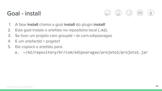 Goal - install
45
1. A fase install chama a goal install do plugin install!
2. Esta goal instala o artefato no repositório local (.m2).
3. Se tiver um projeto com groupId = br.com.edipoaragao
4. E um artefactId = projeto1
5. Ele copiará o artefato para:
a. ~/m2/repository/br/com/edipoaragao/projeto1/projeto1.jar
Édipo Daniel Aragão - Maven Básico
 