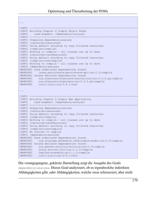 Optimirung und Überarbeitung der POMs

...

[INFO] ------------------------------------------------------------------------
[INFO] Building Chapter 8 Simple Object Model
[INFO]    task-segment: [dependency:analyze]
[INFO] ------------------------------------------------------------------------
[INFO] Preparing dependency:analyze
[INFO] [resources:resources]
[INFO] Using default encoding to copy filtered resources.
[INFO] [compiler:compile]
[INFO] Nothing to compile - all classes are up to date
[INFO] [resources:testResources]
[INFO] Using default encoding to copy filtered resources.
[INFO] [compiler:testCompile]
[INFO] Nothing to compile - all classes are up to date
[INFO] [dependency:analyze]
[WARNING] Used undeclared dependencies found:
[WARNING]    javax.persistence:persistence-api:jar:1.0:compile
[WARNING] Unused declared dependencies found:
[WARNING]    org.hibernate:hibernate-annotations:jar:3.3.0.ga:compile
[WARNING]    org.hibernate:hibernate:jar:3.2.5.ga:compile
[WARNING]    junit:junit:jar:3.8.1:test

...

[INFO] ------------------------------------------------------------------------
[INFO] Building Chapter 8 Simple Web Application
[INFO]    task-segment: [dependency:analyze]
[INFO] ------------------------------------------------------------------------
[INFO] Preparing dependency:analyze
[INFO] [resources:resources]
[INFO] Using default encoding to copy filtered resources.
[INFO] [compiler:compile]
[INFO] Nothing to compile - all classes are up to date
[INFO] [resources:testResources]
[INFO] Using default encoding to copy filtered resources.
[INFO] [compiler:testCompile]
[INFO] No sources to compile
[INFO] [dependency:analyze]
[WARNING] Used undeclared dependencies found:
[WARNING]    org.sonatype.mavenbook.ch08:simple-model:jar:1.0:compile
[WARNING] Unused declared dependencies found:
[WARNING]    org.apache.velocity:velocity:jar:1.5:compile
[WARNING]    javax.servlet:jstl:jar:1.1.2:compile
[WARNING]    taglibs:standard:jar:1.1.2:compile
[WARNING]    junit:junit:jar:3.8.1:test


Die vorangegangene, gekürzte Darstellung zeigt die Ausgabe des Goals
dependency:analyse. Dieses Goal analysisert, ob es irgendwelche indirekten
Abhängigkeiten gibt, oder Abhängigkeiten, welche zwar referenziert, aber nicht

                                                                             179
 