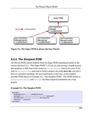The Project Object Model




Figure 9.2. The Super POM is always the base Parent



9.2.2. The Simplest POM
All Maven POMs inherit defaults from the Super POM (introduced earlier in the
section Section 9.2.1, “The Super POM””). If you are just writing a simple project
that produces a JAR from some source in src/main/java, want to run your JUnit
tests in src/test/java, and want to build a project site using mvn site, you don’t
have to customize anything. All you would need, in this case, is the simplest
possible POM shown in Example 9.2, “The Simplest POM”. This POM defines a
groupId, artifactId, and version: the three required coordinates for every
project.

Example 9.2. The Simplest POM
<project>
  <modelVersion>4.0.0</modelVersion>
  <groupId>org.sonatype.mavenbook.ch08</groupId>
  <artifactId>simplest-project</artifactId>
  <version>1</version>
</project>



                                                                               200
 