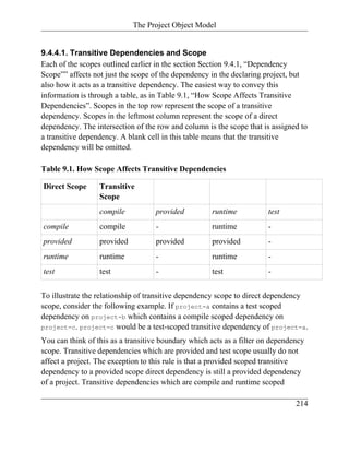 The Project Object Model


9.4.4.1. Transitive Dependencies and Scope
Each of the scopes outlined earlier in the section Section 9.4.1, “Dependency
Scope”” affects not just the scope of the dependency in the declaring project, but
also how it acts as a transitive dependency. The easiest way to convey this
information is through a table, as in Table 9.1, “How Scope Affects Transitive
Dependencies”. Scopes in the top row represent the scope of a transitive
dependency. Scopes in the leftmost column represent the scope of a direct
dependency. The intersection of the row and column is the scope that is assigned to
a transitive dependency. A blank cell in this table means that the transitive
dependency will be omitted.

Table 9.1. How Scope Affects Transitive Dependencies

Direct Scope      Transitive
                  Scope
                  compile           provided         runtime           test
compile           compile           -                runtime           -
provided          provided          provided         provided          -
runtime           runtime           -                runtime           -
test              test              -                test              -


To illustrate the relationship of transitive dependency scope to direct dependency
scope, consider the following example. If project-a contains a test scoped
dependency on project-b which contains a compile scoped dependency on
project-c. project-c would be a test-scoped transitive dependency of project-a.

You can think of this as a transitive boundary which acts as a filter on dependency
scope. Transitive dependencies which are provided and test scope usually do not
affect a project. The exception to this rule is that a provided scoped transitive
dependency to a provided scope direct dependency is still a provided dependency
of a project. Transitive dependencies which are compile and runtime scoped

                                                                                214
 