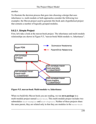 The Project Object Model

another.
To illustrate the decision process that goes into choosing a design that uses
inheritance vs. multi-module or both approaches consider the following two
examples: the Maven project used to generate this book and a hypothetical project
that contains a number of logically grouped modules.


9.6.2.1. Simple Project
First, let's take a look at the maven-book project. The inheritance and multi-module
relationships are shown in Figure 9.5, “maven-book Multi-module vs. Inheritance”.




Figure 9.5. maven-book Multi-module vs. Inheritance

When we build this Maven book you are reading, we run mvn package in a
multi-module project named maven-book. This multi-module project includes two
submodules: book-examples and book-chapters. Neither of these projects share
the same parent, they are related only in that they are modules in the maven-book

                                                                                230
 