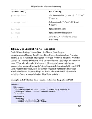 Properties and Ressource Filterung

System Property                             Beschreibung
path.separator                              Pfad Trennzeichen (":" auf UNIX, ";" auf
                                            Windows)
line.separator                              Zeilenumbruch ("n" auf UNIX und
                                            Windows)
user.name                                   Benutzerkonto Name
user.home                                   Benutzerverzeichnis (home)
user.dir                                    Aktuelles Arbeitsverzeichnis (des
                                            Benutzers)



13.2.5. Benuzerdefinierte Properties
Zusätzlich zu den implizit von POM, den Maven Einstellungen,
Umgebungsvariablen und Java System Einstellungen bereitgestellten Properties
haben Sie die Möglichkeit Ihre eigenen beliebigen Properties zu setzen. Properties
können als Teil eines POM oder Profil definiert werden. Die Menge der Properties
eines POMs oder Maven Profils kann wie alle anderen Properties in Maven
angesprochen werden. Benutzerdefinierte Properties können innerhalb einer POM
Datei referenziert werden, oder Sie können eingesetzt werden um Ressourcen
mittels dem Maven Resource Plugin zu filtern. Hier ein Beispiel wie man ein
beliebiges Property innnerhalb einer POM Datei definiert:

Example 13.1. Definition eines benutzerdefinierten Property im POM
<project>
  ...
  <properties>
    <arbitrary.property.a>This is some text</arbitrary.property.a>
    <hibernate.version>3.3.0.ga</hibernate.version>
  </properties>
  ...
  <dependencies>
    <dependency>
      <groupId>org.hibernate</groupId>
      <artifactId>hibernate</artifactId>


                                                                                345
 