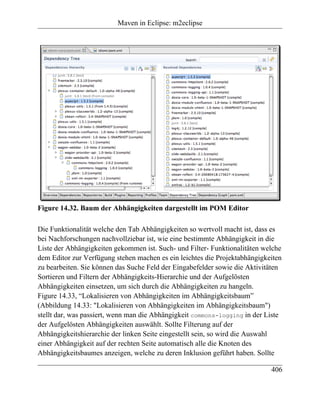 Maven in Eclipse: m2eclipse




Figure 14.32. Baum der Abhängigkeiten dargestellt im POM Editor

Die Funktionalität welche den Tab Abhängigkeiten so wertvoll macht ist, dass es
bei Nachforschungen nachvollziebar ist, wie eine bestimmte Abhängigkeit in die
Liste der Abhängigkeiten gekommen ist. Such- und Filter- Funktionalitäten welche
dem Editor zur Verfügung stehen machen es ein leichtes die Projektabhängigkeiten
zu bearbeiten. Sie können das Suche Feld der Eingabefelder sowie die Aktivitäten
Sortieren und Filtern der Abhängigkeits-Hierarchie und der Aufgelösten
Abhängigkeiten einsetzen, um sich durch die Abhängigkeiten zu hangeln.
Figure 14.33, “Lokalisieren von Abhängigkeiten im Abhängigkeitsbaum”
(Abbildung 14.33: "Lokalisieren von Abhängigkeiten im Abhängigkeitsbaum")
stellt dar, was passiert, wenn man die Abhängigkeit commons-logging in der Liste
der Aufgelösten Abhängigkeiten auswählt. Sollte Filterung auf der
Abhängigkeitshierarchie der linken Seite eingestellt sein, so wird die Auswahl
einer Abhängigkeit auf der rechten Seite automatisch alle die Knoten des
Abhängigkeitsbaumes anzeigen, welche zu deren Inklusion geführt haben. Sollte

                                                                            406
 