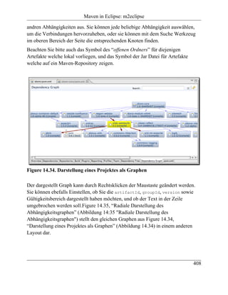 Maven in Eclipse: m2eclipse

andren Abhängigkeiten aus. Sie können jede beliebige Abhängigkeit auswählen,
um die Verbindungen hervorzuheben, oder sie können mit dem Suche Werkzeug
im oberen Bereich der Seite die entsprechenden Knoten finden.
Beachten Sie bitte auch das Symbol des “offenen Ordners” für diejenigen
Artefakte welche lokal vorliegen, und das Symbol der Jar Datei für Artefakte
welche auf ein Maven-Repository zeigen.




Figure 14.34. Darstellung eines Projektes als Graphen

Der dargestellt Graph kann durch Rechtsklicken der Maustaste geändert werden.
Sie können ebefalls Einstellen, ob Sie die artifactId, groupId, version sowie
Gültigkeitsbereich dargestellt haben möchten, und ob der Text in der Zeile
umgebrochen werden soll.Figure 14.35, “Radiale Darstellung des
Abhängigkeitsgraphen” (Abbildung 14:35 "Radiale Darstellung des
Abhängigkeitsgraphen") stellt den gleichen Graphen aus Figure 14.34,
“Darstellung eines Projektes als Graphen” (Abbildung 14.34) in einem anderen
Layout dar.




                                                                               408
 