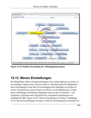 Maven in Eclipse: m2eclipse




Figure 14.35. Radiale Darstellung des Abhängigkeitsgraphen




14.13. Maven Einstellungen
Die Möglichkeit, Maven Grundeinstellungen sowie einige Optionen zu setzen, ist
ein wichtiger Aspekt an der Arbeit mit Maven. m2eclipse bietet die Möglichkeit
diese Einstellungen in der Maven Einstellungen Seite innerhalb von Eclipse zu
setzen. Typischerweise, beim Einsatz von Maven von der Befehlszeile, werden
diese Einstellungen als Optionen übergeben oder aus dem Verzeichnis ~/.m2
ausgelesen. m2eclipse bietet Zugriff auf die wichtigsten Einstellungen von
innerhalb der IDE. Figure 14.36, “Maven Einstellungen in Eclipse” (Abbildung
14.36 "Maven Einstellungen in Eclipse") stellt die Einstellungsseite innerhalb von

                                                                               409
 