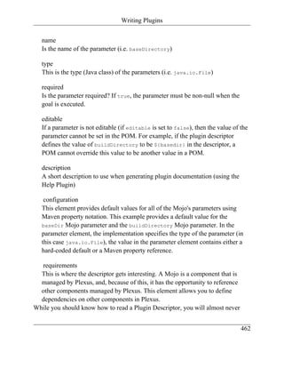 Writing Plugins


   name
   Is the name of the parameter (i.e. baseDirectory)

   type
   This is the type (Java class) of the parameters (i.e. java.io.File)

   required
   Is the parameter required? If true, the parameter must be non-null when the
   goal is executed.

   editable
   If a parameter is not editable (if editable is set to false), then the value of the
   parameter cannot be set in the POM. For example, if the plugin descriptor
   defines the value of buildDirectory to be ${basedir} in the descriptor, a
   POM cannot override this value to be another value in a POM.

   description
   A short description to use when generating plugin documentation (using the
   Help Plugin)

    configuration
   This element provides default values for all of the Mojo's parameters using
   Maven property notation. This example provides a default value for the
   baseDir Mojo parameter and the buildDirectory Mojo parameter. In the
   parameter element, the implementation specifies the type of the parameter (in
   this case java.io.File), the value in the parameter element contains either a
   hard-coded default or a Maven property reference.

  requirements
  This is where the descriptor gets interesting. A Mojo is a component that is
  managed by Plexus, and, because of this, it has the opportunity to reference
  other components managed by Plexus. This element allows you to define
  dependencies on other components in Plexus.
While you should know how to read a Plugin Descriptor, you will almost never


                                                                                   462
 
