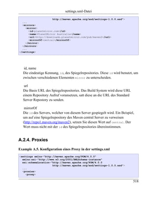 settings.xml-Datei

                      http://maven.apache.org/xsd/settings-1.0.0.xsd">
  ...
  <mirrors>
    <mirror>
      <id>planetmirror.com</id>
      <name>PlanetMirror Australia</name>
      <url>http://downloads.planetmirror.com/pub/maven2</url>
      <mirrorOf>central</mirrorOf>
    </mirror>
  </mirrors>
  ...
</settings>




  id, name
  Die eindeutige Kennung, id, des Spiegelrepositories. Diese id wird benutzt, um
  zwischen verschiedenen Elementen mirror zu unterscheiden.

  url
  Die Basis URL des Spiegelrepositories. Das Build System wird diese URL
  einem Repository Aufruf voransetzen, satt diese an die URL des Standard
  Server Repostory zu senden.

   mirrorOf
  Die id des Servers, welcher von diesem Server gespiegelt wird. Ein Beispiel,
  um auf eine Spiegelrepository des Maven central Server zu verweisen
  (http://repo1.maven.org/maven2), setzen Sie diesen Wert auf central. Der
  Wert muss nicht mit der id des Spiegelrepositories übereinstimmen.


A.2.4. Proxies

Example A.5. Konfiguration eines Proxy in der settings.xml
<settings xmlns="http://maven.apache.org/POM/4.0.0"
  xmlns:xsi="http://www.w3.org/2001/XMLSchema-instance"
  xsi:schemaLocation="http://maven.apache.org/POM/4.0.0
                      http://maven.apache.org/xsd/settings-1.0.0.xsd">
  ...
  <proxies>
    <proxy>

                                                                             518
 