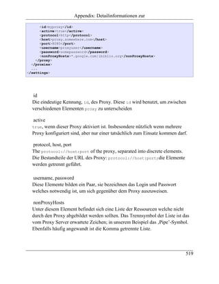 Appendix: Detailinformationen zur

      <id>myproxy</id>
      <active>true</active>
      <protocol>http</protocol>
      <host>proxy.somewhere.com</host>
      <port>8080</port>
      <username>proxyuser</username>
      <password>somepassword</password>
      <nonProxyHosts>*.google.com|ibiblio.org</nonProxyHosts>
    </proxy>
  </proxies>
  ...
</settings>




  id
  Die eindeutige Kennung, id, des Proxy. Diese id wird benutzt, um zwischen
  verschiedenen Elementen proxy zu unterscheiden

  active
  true, wenn dieser Proxy aktiviert ist. Insbesondere nützlich wenn mehrere
  Proxy konfiguriert sind, aber nur einer tatsächlich zum Einsatz kommen darf.

  protocol, host, port
  The protocol://host:port of the proxy, separated into discrete elements.
  Die Bestandteile der URL des Proxy: protocol://host:port;die Elemente
  werden getrennt geführt.

  username, password
  Diese Elemente bilden ein Paar, sie bezeichnen das Login und Passwort
  welches notwendig ist, um sich gegenüber dem Proxy auszuweisen.

  nonProxyHosts
  Unter diesem Element befindet sich eine Liste der Ressourcen welche nicht
  durch den Proxy abgebildet werden sollten. Das Trennsymbol der Liste ist das
  vom Proxy Server erwartete Zeichen; in unserem Beispiel das ‚Pipe’-Symbol.
  Ebenfalls häufig angewandt ist die Komma getrennte Liste.



                                                                             519
 