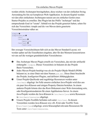 Ein einfaches Maven Projekt

werden etliche Archetypen bereitgehalten, diese reichen von der einfachen Swing
Anwendung bis hin zur komplexen Web-Applikation. In diesem Kapitel werden
wir den aller einfachsten Archtetypen nutzen um ein einfaches Gerüst eines
Starter-Projekts zu erstellen. Das Plugin hat das Präfix "archetype" und das
entsprechende Goal ist "create". Sobald wir das Projekt generiert haben, sehen Sie
sich das Verzeichnis /simple und die von Maven darin generierte
Verzeichnisstruktur näher an:
simple/‚
simple/pom.xmlƒ
      /src/
      /src/main/„
          /main/java
      /src/test/…
          /test/java


Der erzeugte Verzeichnisbaum hält sich an das Maven Standard Layout, wir
werden später auf die Einzelheiten eingehen, aber für den Moment konzentrieren
wir uns auf die wenigen grundsätzlichen Verzeichnisse:

‚    Das Archetype Maven Plugin erstellt ein Verzeichnis, das mit der artifactId
     einhergeht: /simple. Dieses Verzeichnis ist bekannt als das Projekt
     Basis-Verzeichnis.
ƒ    Jedes Maven-Projekt benötigt was als als Projekt Objekt Modell (POM)
     bekannt ist, in einer Datei mit dem Namen pom.xml. Diese Datei beschreibt
     das Projekt, konfiguriert Plugins, und definiert Abhängigkeiten.
„    Unser Projekt-Quellcode und zugehörige Ressourcen werden unter
     /src/main abgelegt. Im Falle unseres einfachen Java-Projekt wird dies aus
     ein paar Java-Klassen und einigen Property-Dateien bestehen. In einem
     anderen Projekt könnte dies das Root-Dokument einer Web-Anwendung sein,
     oder Konfigurationsdateien für einen Applikations-Server. In einem
     Java-Projekt werden die Java-Klassen in /src/main/java sowie Ressoucen
     in /src/main/resources abgelegt.
…    Unsere Projekt-Testfälle befinden sich unter /src/test. In diesem
     Verzeichnis werden Java-Klassen wie z.B. JUnit oder TestNG Tests
     (/src/test/java) abgelegt, sowie Klassenpfad relevante Ressourcen für
     Tests unter /src/test/resources.

                                                                                 35
 