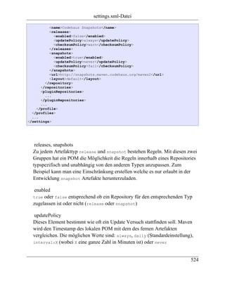 settings.xml-Datei

          <name>Codehaus Snapshots</name>
          <releases>
            <enabled>false</enabled>
            <updatePolicy>always</updatePolicy>
            <checksumPolicy>warn</checksumPolicy>
          </releases>
          <snapshots>
            <enabled>true</enabled>
            <updatePolicy>never</updatePolicy>
            <checksumPolicy>fail</checksumPolicy>
          </snapshots>
          <url>http://snapshots.maven.codehaus.org/maven2</url>
          <layout>default</layout>
        </repository>
      </repositories>
      <pluginRepositories>
        ...
      </pluginRepositories>
      ...
    </profile>
  </profiles>
  ...
</settings>




   releases, snapshots
  Zu jedem Artefakttyp release und snapshot bestehen Regeln. Mit diesen zwei
  Gruppen hat ein POM die Möglichkeit die Regeln innerhalb eines Repositories
  typspezifisch und unabhängig von den anderen Typen anzupassen. Zum
  Beispiel kann man eine Einschränkung erstellen welche es nur erlaubt in der
  Entwicklung snapshot Artefakte herunterzuladen.

  enabled
  true oder false entsprechend ob ein Repository für den entsprechenden Typ
  zugelassen ist oder nicht (release oder snapshot)

  updatePolicy
  Dieses Element bestimmt wie oft ein Update Versuch stattfinden soll. Maven
  wird den Timestamp des lokalen POM mit dem des fernen Artefakten
  vergleichen. Die möglichen Werte sind: always, daily (Standardeinstellung),
  interval:X (wobei X eine ganze Zahl in Minuten ist) oder never



                                                                           524
 