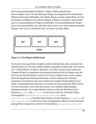 Ein einfaches Maven Projekt

Generierung diesbezüglich beinhaltet. Andere, stärker spezialisierte
Maven-Plugins sind z. B. das Hibernate3 Plugin zur Integration mit der beliebten
Hibernate Persistenz Bibliothek, dem JRuby Plugin, welches erlaubt Ruby als Teil
des Builds auszuführen sowie Maven Plugins in Ruby zu schreiben. Maven sieht
auch vor benutzerdefinierte Plugins einzubinden. Ein benutzerdefiniertes Plugin
kann in Java geschrieben sein, oder aber auch in einer von vielen anderen Sprachen
darunter Ant, Groovy, BeanShell, und, wie bereits erwähnt, Ruby.




Figure 3.1. Ein Plugin enthält Goals

Ein Goal ist eine spezifische Aufgabe, welche alleinstehend, oder zusammen mit
anderen Goals als Teil eines größeren Builds ausgeführt werden kann. Ein Goal ist
eine "Arbeitseinheit" in Maven. Beispiele von Goals sind das Goal compile des
Compiler-Plugin, es kompiliert den gesamten Quellcode für ein Projekt, oder das
Goal test des Surefire Plugin welches Unit-Tests ausführen kann. Goals werden
durch Konfigurations-Parameter bestimmt, welche erlauben das Verhalten
anzupassen. Ein Beispiel, das Goal compile des Compiler-Plugin definiert eine
Reihe von Konfigurations-Parameter, mit denen Sie die gewünschte JDK-Version
Version bestimmen, sowie über den Einsatz von Compiler-Optimierungen
bestimmen können. Im vorigen Beispiel haben wir über die Befehlszeile die
Parameter groupId und artifactId an das Goal create des Archetype Plugin
weitergegeben (-DgroupId=com.sonatype.maven.ch03 sowie
-DartifactId=simple). Darüber hinaus haben wir den Parameter packageName als
com.sonatype.maven an das Goal create weitergegeben. Hätten wir den Parameter
packageName ausgelassen, wäre die Voreinstellung com.sonatype.maven.ch03


                                                                               40
 