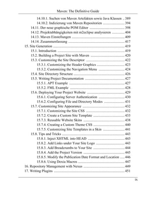 Maven: The Definitive Guide

         14.10.1. Suchen von Maven Artefakten sowie Java Klassen .. 389
         14.10.2. Indizierung von Maven Repositorien ........................ 394
    14.11. Der neue graphische POM Editor ....................................... 398
    14.12. Projektabhängigkeiten mit m2eclipse analysieren .............. 404
    14.13. Maven Einstellungen ........................................................... 409
    14.14. Zusammenfassung ............................................................... 417
15. Site Generation ................................................................................ 419
    15.1. Introduction ........................................................................... 419
    15.2. Building a Project Site with Maven ...................................... 420
    15.3. Customizing the Site Descriptor ........................................... 422
         15.3.1. Customizing the Header Graphics ............................... 423
         15.3.2. Customizing the Navigation Menu ............................. 424
    15.4. Site Directory Structure ......................................................... 426
    15.5. Writing Project Documentation ............................................ 427
         15.5.1. APT Example .............................................................. 427
         15.5.2. FML Example ............................................................. 428
    15.6. Deploying Your Project Website .......................................... 429
         15.6.1. Configuring Server Authentication ............................. 430
         15.6.2. Configuring File and Directory Modes ....................... 431
    15.7. Customizing Site Appearance ............................................... 432
         15.7.1. Customizing the Site CSS ........................................... 432
         15.7.2. Create a Custom Site Template ................................... 433
         15.7.3. Reusable Website Skins .............................................. 438
         15.7.4. Creating a Custom Theme CSS ................................... 440
         15.7.5. Customizing Site Templates in a Skin ........................ 441
    15.8. Tips and Tricks ...................................................................... 443
         15.8.1. Inject XHTML into HEAD ......................................... 443
         15.8.2. Add Links under Your Site Logo ................................ 443
         15.8.3. Add Breadcrumbs to Your Site ................................... 444
         15.8.4. Add the Project Version .............................................. 445
         15.8.5. Modify the Publication Date Format and Location ..... 446
         15.8.6. Using Doxia Macros .................................................... 447
16. Repository Management with Nexus .............................................. 449
17. Writing Plugins ............................................................................... 451

                                                                                                           ix
 