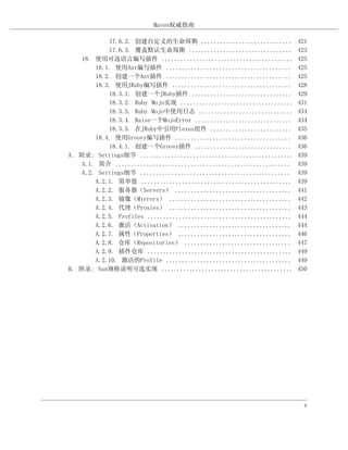 Maven权威指南

            17.6.2. 创建自定义的生命周期 .............................             421
            17.6.3. 覆盖默认生命周期 .................................           423
    18. 使用可选语言编写插件 ..........................................            425
        18.1. 使用Ant编写插件 ........................................         425
        18.2. 创建一个Ant插件 ........................................         425
        18.3. 使用JRuby编写插件 ......................................         428
            18.3.1. 创建一个JRuby插件 ................................         429
            18.3.2. Ruby Mojo实现 ....................................     431
            18.3.3. Ruby Mojo中使用日志 ..............................        434
            18.3.4. Raise一个MojoError ...............................     434
            18.3.5. 在JRuby中引用Plexus组件 ..........................         435
        18.4. 使用Groovy编写插件 .....................................         436
            18.4.1. 创建一个Groovy插件 ...............................         436
A. 附录: Settings细节 .................................................      439
    A.1. 简介 ........................................................     439
    A.2. Settings细节 ................................................     439
        A.2.1. 简单值 ................................................      439
        A.2.2. 服务器（Servers） .....................................        441
        A.2.3. 镜像（Mirrors） .......................................       442
        A.2.4. 代理（Proxies） .......................................       443
        A.2.5. Profiles ..............................................   444
        A.2.6. 激活（Activation） ....................................       444
        A.2.7. 属性（Properties） ....................................       446
        A.2.8. 仓库（Repositories） ..................................       447
        A.2.9. 插件仓库 ..............................................       449
        A.2.10. 激活的Profile ........................................      449
B. 附录: Sun规格说明可选实现 ..........................................            450




                                                                           x
 