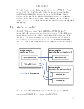 多模块企业级项目

     例 7.10 “simple-persist 的 Spring Application Context”和例 7.1 “simple-
     parent 项目的 POM”的内容是冗余的。Spring Application Context XML是被
     web应用和命令行应用使用的，而hibernate.cfg.xml的存在只是为了支持Maven
     Hibernate3插件。本章的后面，我们将会看到如何使用hibernate.cfg.xml和Maven
     Hibernate3插件，根据simple-model中定义的标注对象模型，来生成一个数据库
     schema。hibernate.cfg.xml会配置JDBC连接属性并且为Maven Hibernate3插件枚举标注
     模型类的列表。


7.6. simple-webapp模块
     该web应用中项目simple-webapp中定义。这个简单web应用项目将会定义两个
     Spring MVC控制器：WeatherController和HistoryController。两者都会引用simple-
     weather和simple-persist中定义的组件。Spring容器在应用程序的web.xml中配置，
     该文件引用了simple-weather中的applicationContext-weather.xml文件和simple-
     persist中的applicationContext-persist.xml文件。这个简单web应用的组件架构
     如图 7.3 “Spring MVC 控制器引用simple-weather和simple-persist中的组件”     显
     示。




     图 7.3. Spring MVC 控制器引用simple-weather和simple-persist中的组件

     simple-webapp的POM如例 7.12   “simple-webapp的POM”显示。

                                                                     108
 