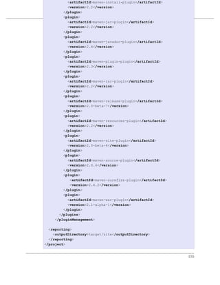 <artifactId>maven-install-plugin</artifactId>
          <version>2.2</version>
        </plugin>
        <plugin>        项目对象模型
          <artifactId>maven-jar-plugin</artifactId>
例 9.1. 超级POM
          <version>2.2</version>
        </plugin>
        <plugin>
          <artifactId>maven-javadoc-plugin</artifactId>
          <version>2.4</version>
        </plugin>
        <plugin>
          <artifactId>maven-plugin-plugin</artifactId>
          <version>2.3</version>
        </plugin>
        <plugin>
          <artifactId>maven-rar-plugin</artifactId>
          <version>2.2</version>
        </plugin>
        <plugin>
          <artifactId>maven-release-plugin</artifactId>
          <version>2.0-beta-7</version>
        </plugin>
        <plugin>
          <artifactId>maven-resources-plugin</artifactId>
          <version>2.2</version>
        </plugin>
        <plugin>
          <artifactId>maven-site-plugin</artifactId>
          <version>2.0-beta-6</version>
        </plugin>
        <plugin>
          <artifactId>maven-source-plugin</artifactId>
          <version>2.0.4</version>
        </plugin>
        <plugin>
           <artifactId>maven-surefire-plugin</artifactId>
           <version>2.4.2</version>
        </plugin>
        <plugin>
          <artifactId>maven-war-plugin</artifactId>
          <version>2.1-alpha-1</version>
        </plugin>
      </plugins>
    </pluginManagement>

  <reporting>
    <outputDirectory>target/site</outputDirectory>
  </reporting>
</project>


                                                            155
 