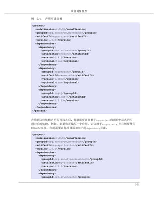 项目对象模型

例 9.4. 声明可选依赖

<project>
  <modelVersion>4.0.0</modelVersion>
  <groupId>org.sonatype.mavenbook</groupId>
  <artifactId>my-project</artifactId>
  <version>1.0.0</version>
  <dependencies>
    <dependency>
      <groupId>net.sf.ehcache</groupId>
      <artifactId>ehcache</artifactId>
      <version>1.4.1</version>
      <optional>true</optional>
    </dependency>
    <dependency>
      <groupId>swarmcache</groupId>
      <artifactId>swarmcache</artifactId>
      <version>1.0RC2</version>
      <optional>true</optional>
    </dependency>
    <dependency>
      <groupId>log4j</groupId>
      <artifactId>log4j</artifactId>
      <version>1.2.13</version>
    </dependency>
  </dependencies>
</project>


在你将这些依赖声明为可选之后，你就需要在依赖于my-project的项目中显式的引
用对应的依赖。例如，如果你正编写一个应用，它依赖于my-project，并且想要使用
EHCache实现，你就需要在你项目添加如下的dependency元素。

<project>
  <modelVersion>4.0.0</modelVersion>
  <groupId>org.sonatype.mavenbook</groupId>
  <artifactId>my-application</artifactId>
  <version>1.0.0</version>
  <dependencies>
    <dependency>
      <groupId>org.sonatype.mavenbook</groupId>
      <artifactId>my-project</artifactId>
      <version>1.0.0</version>
    </dependency>
    <dependency>
      <groupId>net.sf.ehcache</groupId>


                                                  164
 
