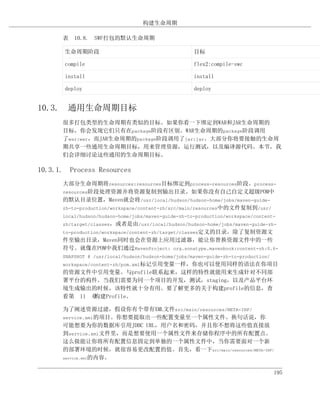 构建生命周期

      表 10.8. SWF打包的默认生命周期

       生命周期阶段                                        目标

       compile                                       flex2:compile-swc

       install                                       install

       deploy                                        deploy


10.3. 通用生命周期目标
      很多打包类型的生命周期有类似的目标。如果你看一下绑定到WAR和JAR生命周期的
      目标，你会发现它们只有在package阶段有区别。WAR生命周期的package阶段调用
      了war:war，而JAR生命周期的package阶段调用了jar:jar。大部分你将要接触的生命周
      期共享一些通用生命周期目标，用来管理资源，运行测试，以及编译源代码。本节，我
      们会详细讨论这些通用的生命周期目标。

10.3.1. Process Resources
      大部分生命周期将resources:resources目标绑定到process-resources阶段。process-
      resources阶段处理资源并将资源复制到输出目录。如果你没有自己自定义超级POM中
      的默认目录位置，Maven就会将/usr/local/hudson/hudson-home/jobs/maven-guide-
      zh-to-production/workspace/content-zh/src/main/resources中的文件复制到/usr/
      local/hudson/hudson-home/jobs/maven-guide-zh-to-production/workspace/content-
      zh/target/classes，或者是由/usr/local/hudson/hudson-home/jobs/maven-guide-zh-
      to-production/workspace/content-zh/target/classes定义的目录。除了复制资源文
      件至输出目录，Maven同时也会在资源上应用过滤器，能让你替换资源文件中的一些
      符号。就像在POM中我们通过MavenProject: org.sonatype.mavenbook:content-zh:0.6-
      SNAPSHOT @ /usr/local/hudson/hudson-home/jobs/maven-guide-zh-to-production/
      workspace/content-zh/pom.xml标记引用变量一样，你也可以使用同样的语法在你项目
      的资源文件中引用变量。与profile联系起来，这样的特性就能用来生成针对不同部
      署平台的构件。当我们需要为同一个项目的开发，测试，staging，以及产品平台环
      境生成输出的时候，该特性就十分有用。要了解更多的关于构建profile的信息，查
      看第 11 章构建Profile。

      为了阐述资源过滤，假设你有个带有XML文件src/main/resources/META-INF/
      service.xml的项目。你想要提取出一些配置变量至一个属性文件。换句话说，你
      可能想要为你的数据库引用JDBC URL，用户名和密码，并且你不想将这些值直接放
      到service.xml文件里，而是想要使用一个属性文件来存储你程序中的所有配置点。
      这么做能让你将所有配置信息固定到单独的一个属性文件中，当你需要面对一个新
      的部署环境的时候，就很容易更改配置的值。首先，看一下src/main/resources/META-INF/
      service.xml的内容。



                                                                                    195
 
