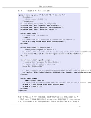 介绍 Apache Maven

例 1.1. 一个简单的 Ant build.xml 文件

<project name="my-project" default="dist" basedir=".">
    <description>
        simple example build file
    </description>
  <!-- set global properties for this build -->
  <property name="src" location="src/main/java"/>
  <property name="build" location="target/classes"/>
  <property name="dist" location="target"/>

  <target name="init">
    <!-- Create the time stamp -->
    <tstamp/>
    <!-- Create the build directory structure used by compile -->
    <mkdir dir="org.apache.maven.model.Build@d7e661"/>
  </target>

  <target name="compile" depends="init"
        description="compile the source " >
    <!-- Compile the java code from ${src} into org.apache.maven.model.Build@d7e661
    <javac srcdir="${src}" destdir="org.apache.maven.model.Build@d7e661"/>
  </target>

  <target name="dist" depends="compile"
        description="generate the distribution" >
    <!-- Create the distribution directory -->
    <mkdir dir="${dist}/lib"/>

    <!-- Put everything in org.apache.maven.model.Build@d7e661 into the MyProject-${
    <jar jarfile="${dist}/lib/MyProject-${DSTAMP}.jar" basedir="org.apache.maven.mod
  </target>

  <target name="clean"
        description="clean up" >
    <!-- Delete the org.apache.maven.model.Build@d7e661 and ${dist} directory trees
    <delete dir="org.apache.maven.model.Build@d7e661"/>
    <delete dir="${dist}"/>
  </target>
</project>



在这个简单的 Ant 例子中，你能看到，你需要明确的告诉 Ant 你想让它做什么。有
一个包含 javac 任务的编译目标用来将 src/main/java 的源码编译至 target/classes
目录。你必须明确告诉 Ant 你的源码在哪里，结果字节码你想存储在哪里，如何将这

                                                                     6
 