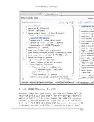 Maven和Eclipse: m2eclipse




图 14.32. POM编辑器的Dependency Tree标签页

Dependency Tree标签页这一特性非常有价值，因为它能被用作一个侦测工具来找出某
个特定的依赖是如何进入已解析的依赖列表的。编辑器中的搜索和过滤功能使得搜索
和浏览项目的依赖变得十分容易。你可以使用编辑器工具栏的搜索框和“Dependency
Hierarchy”及“Resolved Dependencies”部分的“排序”和“过滤”图标来查看依
赖。图 14.33 “在依赖树中定位依赖”           展示了当你点击“Resovled Dependencies”列
表中的commons-logging的时候会发生什么。当“Dependencies Hierarchy”部分的

                                                            318
 