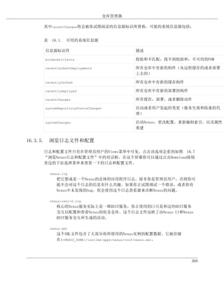 仓库管理器

    其中recentChanges将会被你试图阅读的信息源标识所替换。可能的系统信息源包括：


    表 16.1. 可用的系统信息源

    信息源标识符                                  描述

    brokenArtifacts                         校验和不匹配，找不到校验和，不可用的POM

    recentCacheOrDeployments                所有仓库中有新的构件（从远程缓存的或者部署
                                            上去的）

    recentlyCached                          所有仓库中有新的缓存构件

    recentlyDeployed                        所有仓库中有新的部署的构件

    recentChanges                           所有缓存，部署，或者删除动作

    systemRepositoryStatusChanges           自动或者用户发起的变更（服务失效和阻塞的代
                                            理）

    systemChanges                           启动Nexus，更改配置，重新编制索引，以及属性
                                            重建


16.3.5. 浏览日志文件和配置

    日志和配置文件只有在管理员用户的Views菜单中可见。点击该选项会看到如图 16.7
    “浏览Nexus日志和配置文件”中的对话框。在这个屏幕你可以通过点击Download按钮
    旁边的下拉选择菜单来查看一下的日志和配置文件。

      nexus.log
         把它想成是一个Nexus的总体的应用程序日志。除非你是管理员用户，否则你可
         能不会对这个日志的信息有什么兴趣。如果你正试图调试一个错误，或者你有
         Nexus中未发现的bug。你会使用这个日志查看器来诊断Nexus的问题。

      nexus-rest-0.log
         核心的Nexus服务实际上是一堆REST服务，你正使用的UI只是和这些REST服务
         交互以配置和查看Nexus的组及仓库。这个日志文件反映了由Nexus UI和Nexus
         REST服务交互所生成的活动。

      nexus.xml
         这个XML文件包含了大部分你所使用的Nexus实例的配置数据。它被存储
         在${NEXUS_HOME}/runtime/apps/nexus/conf/nexus.xml。




                                                             369
 