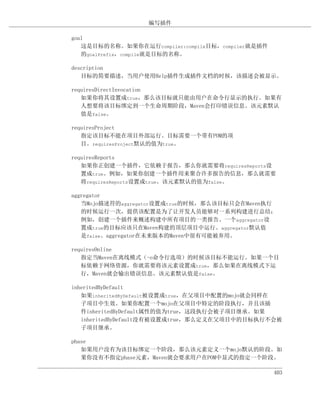 编写插件

goal
   这是目标的名称。如果你在运行compiler:compile目标，compiler就是插件
   的goalPrefix，compile就是目标的名称。

description
   目标的简要描述，当用户使用Help插件生成插件文档的时候，该描述会被显示。

requiresDirectInvocation
   如果你将其设置成true，那么该目标就只能由用户在命令行显示的执行。如果有
   人想要将该目标绑定到一个生命周期阶段，Maven会打印错误信息。该元素默认
   值是false。

requiresProject
   指定该目标不能在项目外部运行。目标需要一个带有POM的项
   目。requiresProject默认的值为true。

requiresReports
   如果你正创建一个插件，它依赖于报告，那么你就需要将requiresReports设
   置成true。例如，如果你创建一个插件用来聚合许多报告的信息，那么就需要
   将requiresReports设置成true。该元素默认的值为false。

aggregator
   当Mojo描述符的aggregator设置成true的时候，那么该目标只会在Maven执行
   的时候运行一次，提供该配置是为了让开发人员能够对一系列构建进行总结；
   例如，创建一个插件来概述构建中所有项目的一类报告。一个aggregator设
   置成true的目标应该只在Maven构建的顶层项目中运行。aggregator默认值
   是false。aggregator在未来版本的Maven中很有可能被弃用。

requiresOnline
   指定当Maven在离线模式（-o命令行选项）的时候该目标不能运行。如果一个目
   标依赖于网络资源，你就需要将该元素设置成true，那么如果在离线模式下运
   行，Maven就会输出错误信息。该元素默认值是false。

inheritedByDefault
   如果inheritedByDefault被设置成true，在父项目中配置的mojo就会同样在
   子项目中生效。如果你配置一个mojo在父项目中特定的阶段执行，并且该插
   件inheritedByDefault属性的值为true，这段执行会被子项目继承。如果
   inheritedByDefault没有被设置成true，那么定义在父项目中的目标执行不会被
   子项目继承。

phase
   如果用户没有为该目标绑定一个阶段，那么该元素定义一个mojo默认的阶段。如
   果你没有不指定phase元素，Maven就会要求用户在POM中显式的指定一个阶段。

                                                   403
 