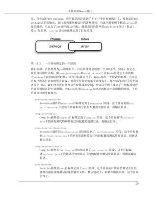 一个简单的Maven项目

里，当你运行mvn package，你可能已经注意到了不止一个目标被执行了。检查运行mvn
package之后的输出，会注意到那些被运行的各种目标。当这个简单例子到达package阶
段的时候，它运行了Jar插件的jar目标。既然我们的简单的quickstart项目（默认）
是jar包类型，jar:jar目标被就绑定到了打包阶段。




图 3.3. 一个目标绑定到一个阶段
我们知道，在包类型为jar的项目中，打包阶段将会创建一个JAR文件。但是，在它之
前的目标做什么呢，像compiler:compile和surefire:test？在Maven经过它生命周期
中package之前的阶段的时候，这些目标被运行了；Maven执行一个阶段的时候，它首先
会有序的执行前面的所有阶段，到命令行指定的那个阶段为止。每个阶段对应了零个或
者多个目标。我们没有进行任何插件配置或者定制，所以这个例子绑定了一组标准插件
的目标到默认的生命周期。当Maven经过以package为结尾的默认生命周期的时候，下面
的目标按顺序被执行：

  resources:resources
     Resources插件的resources目标绑定到了resources 阶段。这个目标复制src/
     main/resources下的所有资源和其它任何配置的资源目录，到输出目录。

  compiler:compile
     Compiler插件的compile目标绑定到了compile 阶段。这个目标编译src/main/
     java下的所有源代码和其他任何配置的资源目录，到输出目录。

  resources:testResources
     Resources插件的testResources目标绑定到了test-resources 阶段。这个目标复
     制src/test/resources下的所有资源和其它任何的配置的测试资源目录，到测试
     输出目录。

  compiler:testCompile
     Compiler插件的testCompile目标绑定到了test-compile 阶段。这个目标编
     译src/test/java下的测试用例和其它任何的配置的测试资源目录，到测试输出
     目录。

  surefire:test
     Surefire插件的test目标绑定到了test 阶段。这个目标运行所有的测试并且创
     建那些捕捉详细测试结果的输出文件。默认情况下，如果有测试失败，这个目标
     会终止。

                                                          29
 