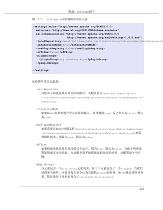 附录: Settings细节

例 A.2. settings.xml中的简单顶层元素

<settings xmlns="http://maven.apache.org/POM/4.0.0"
  xmlns:xsi="http://www.w3.org/2001/XMLSchema-instance"
  xsi:schemaLocation="http://maven.apache.org/POM/4.0.0
                      http://maven.apache.org/xsd/settings-1.0.0.xsd">
  <localRepository>/ebs1/build-machine/usr/local/hudson/hudson-home/jobs/maven-guide
  <interactiveMode>true</interactiveMode>
  <usePluginRegistry>false</usePluginRegistry>
  <offline>false</offline>
  <pluginGroups>
    <pluginGroup>org.codehaus.mojo</pluginGroup>
  </pluginGroups>
  ...
</settings>



这些简单顶层元素是：

  localRepository
     该值表示构建系统本地仓库的路径。其默认值为/ebs1/build-machine/usr/
     local/hudson/hudson-home/jobs/maven-guide-zh-to-production/workspace/.m2/
     repository。


  interactiveMode
     如果Maven需要和用户交互以获得输入，则设置成true，反之则应为false。默认
     为true。

  usePluginRegistry
     如果需要让Maven使用文件/ebs1/build-machine/usr/local/hudson/hudson-home/
     jobs/maven-guide-zh-to-production/workspace/.m2/plugin-registry.xml来管
     理插件版本，则设为true。默认为false。

  offline
     如果构建系统需要在离线模式下运行，则为true，默认为false。当由于网络设
     置原因或者安全因素，构建服务器不能连接远程仓库的时候，该配置就十分有
     用。

  pluginGroups
     该元素包含一个pluginGroup元素列表，每个子元素包含了一个groupId。当我们
     使用某个插件，并且没有在命令行为其提供groupId的时候，Maven就会使用该列
     表。默认情况下该列表包含了org.apache.maven.plugins。



                                                                          440
 