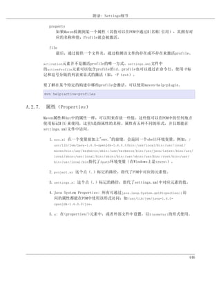 附录: Settings细节

        property
           如果Maven检测到某一个属性（其值可以在POM中通过${名称}引用），其拥有对
           应的名称和值，Profile就会被激活。

        file
           最后，通过提供一个文件名，通过检测该文件的存在或不存在来激活profile。

     activation元素并不是激活profile的唯一方式。settings.xml文件中
     的activeProfile元素可以包含profile的id。profile也可以通过在命令行，使用-P标
     记和逗号分隔的列表来显式的激活（如，-P test）。

     要了解在某个特定的构建中哪些profile会激活，可以使用maven-help-plugin。

      mvn help:active-profiles


A.2.7. 属性（Properties）

     Maven属性和Ant中的属性一样，可以用来存放一些值。这些值可以在POM中的任何地方
     使用标记${X}来使用，这里X是指属性的名称。属性有五种不同的形式，并且都能在
     settings.xml文件中访问。

        1. env.X: 在一个变量前加上"env."的前缀，会返回一个shell环境变量。例如，/
          usr/lib/jvm/java-1.6.0-openjdk-1.6.0.0/bin:/usr/local/bin:/usr/local/
          maven/bin:/usr/kerberos/sbin:/usr/kerberos/bin:/usr/java/latest/bin:/usr/
          local/sbin:/usr/local/bin:/sbin:/bin:/usr/sbin:/usr/bin:/root/bin:/usr/
          bin:/usr/local/bin指代了$path环境变量（在Windows上是%PATH%）。


        2. project.x：这个点（.）标记的路径，指代了POM中对应的元素值。

        3. settings.x: 这个点（.）标记的路径，指代了settings.xml中对应元素的值。

        4. Java System Properties: 所有可通过java.lang.System.getProperties()访
           问的属性都能在POM中使用该形式访问，如/usr/lib/jvm/java-1.6.0-
           openjdk-1.6.0.0/jre。


        5. x: 在<properties/>元素中，或者外部文件中设置，以${someVar}的形式使用。




                                                                                  446
 