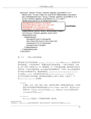 一个简单的Maven项目




       图 3.5. 一个Maven项目的坐标


       我们加亮了这个项目的坐标：groupId, artifactId, version和packaging。这些组合的
       标识符拼成了一个项目的坐标2。2就像任何其它的坐标系统，一个Maven坐标是一个地
       址，即“空间”里的某个点：从一般到特殊。当一个项目通过依赖，插件或者父项目引
       用和另外一个项目关联的时候，Maven通过坐标来精确定位一个项目。Maven坐标通常用
       冒号来作为分隔符来书写，像这样的格式：groupId:artifactId:packaging:version。
       在上面的pom.xml中，它的坐标可以表示为mavenbook:my-app:jar:1.0-SNAPSHOT.
       这个符号也适用于项目依赖，我们的项目依赖JUnit的3.8.1版本，它包含了一个
       对junit:junit:jar:3.8.1的依赖。

         groupId
            d 团体，公司，小组，组织，项目，或者其它团体。团体标识的约定是，它以创
            建这个项目的组织名称的逆向域名(reverse domain name)开头。来自Sonatype
            的项目有一个以com.sonatype开头的groupId，而Apache Software的项目有以
            org.apache开头的groupId。

         artifactId
            在groupId下的表示一个单独项目的唯一标识符。

2
 还有第五个，名为classifier的很少使用的坐标，将在本书后面介绍。现在你尽管可以忽略classifiers。


                                                              33
 