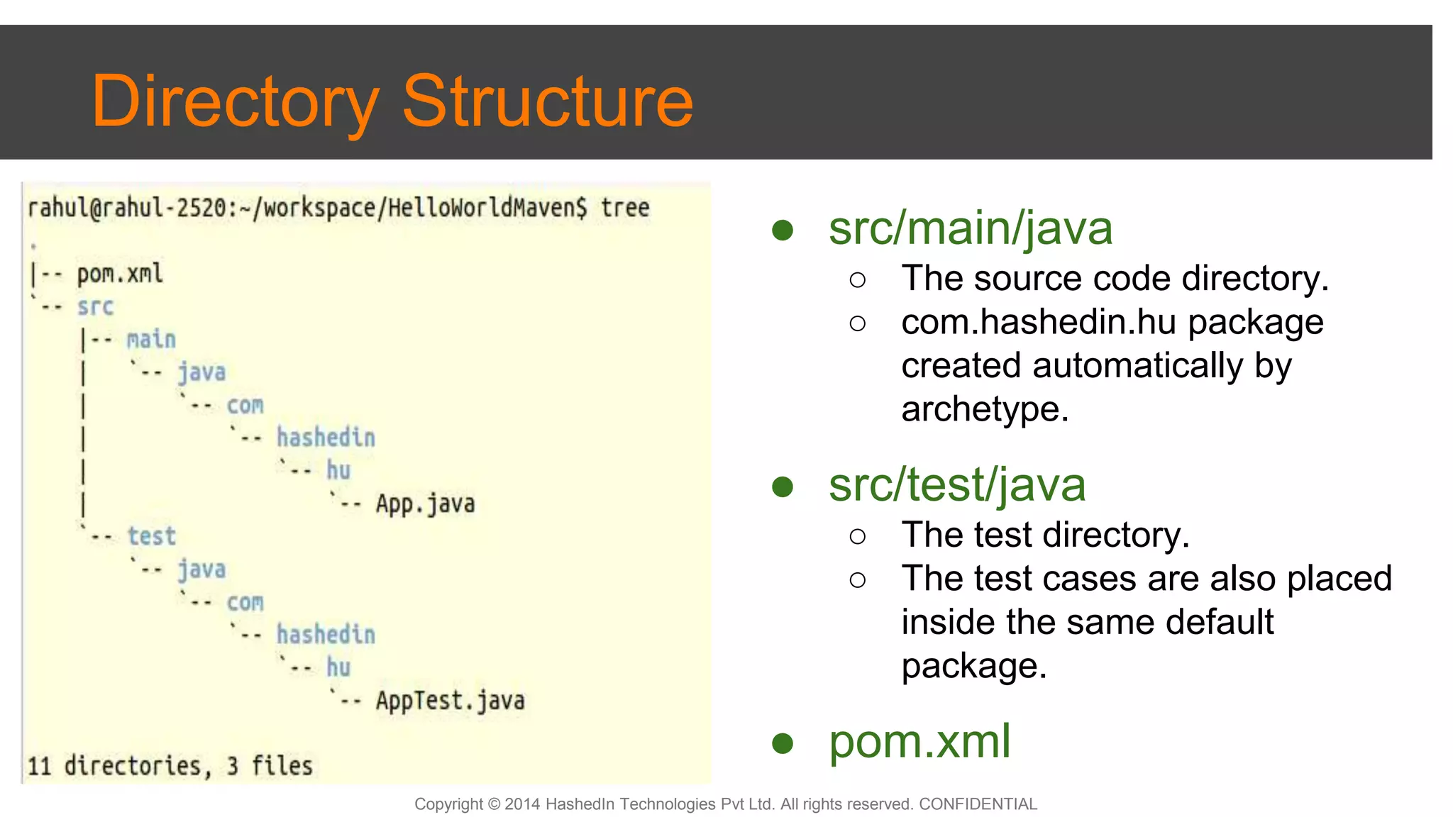 Copyright © 2014 HashedIn Technologies Pvt Ltd. All rights reserved. CONFIDENTIAL
Directory Structure
● src/main/java
○ The source code directory.
○ com.hashedin.hu package
created automatically by
archetype.
● src/test/java
○ The test directory.
○ The test cases are also placed
inside the same default
package.
● pom.xml
 