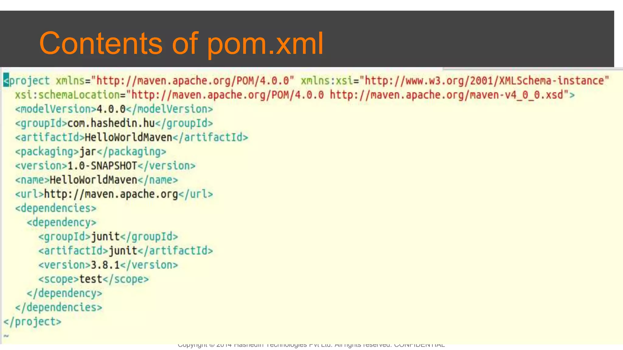 Copyright © 2014 HashedIn Technologies Pvt Ltd. All rights reserved. CONFIDENTIAL
Contents of pom.xml
 