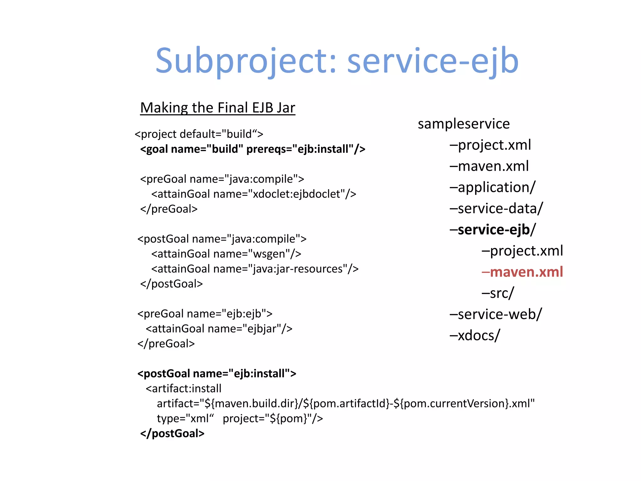 Subproject: service-ejb
sampleservice
–project.xml
–maven.xml
–application/
–service-data/
–service-ejb/
–project.xml
–maven.xml
–src/
–service-web/
–xdocs/
Making the Final EJB Jar
<project default="build“>
<goal name="build" prereqs="ejb:install"/>
<preGoal name="java:compile">
<attainGoal name="xdoclet:ejbdoclet"/>
</preGoal>
<postGoal name="java:compile">
<attainGoal name="wsgen"/>
<attainGoal name="java:jar-resources"/>
</postGoal>
<preGoal name="ejb:ejb">
<attainGoal name="ejbjar"/>
</preGoal>
<postGoal name="ejb:install">
<artifact:install
artifact="${maven.build.dir}/${pom.artifactId}-${pom.currentVersion}.xml"
type="xml“ project="${pom}"/>
</postGoal>
 