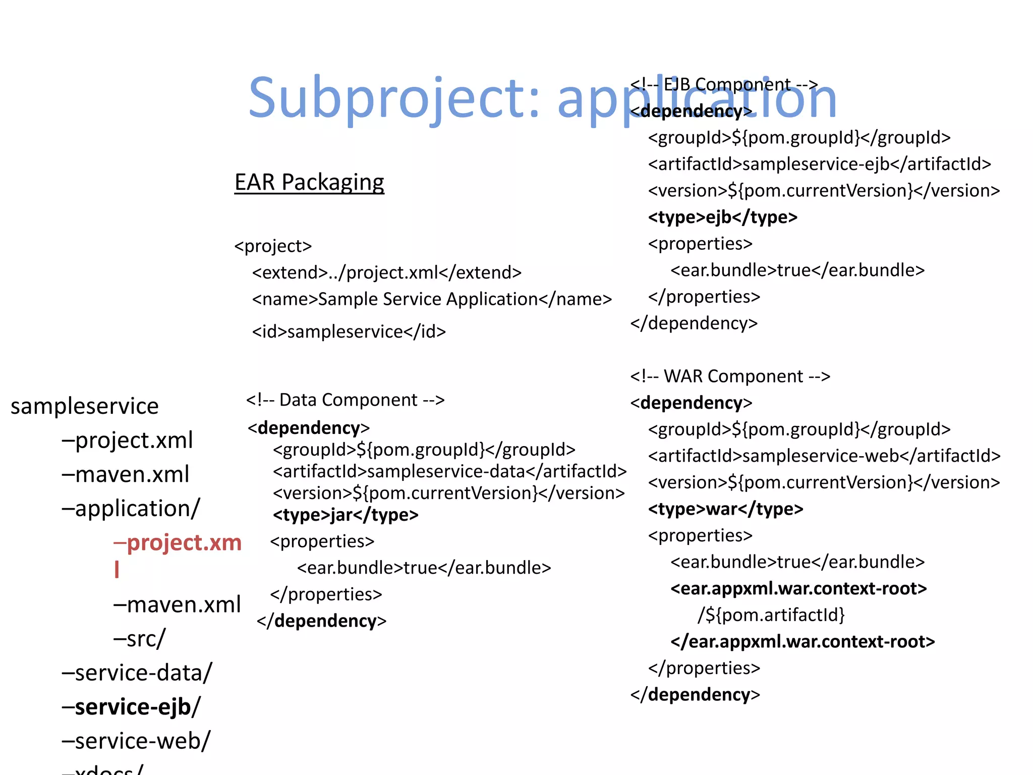 Subproject: application
sampleservice
–project.xml
–maven.xml
–application/
–project.xm
l
–maven.xml
–src/
–service-data/
–service-ejb/
–service-web/
EAR Packaging
<project>
<extend>../project.xml</extend>
<name>Sample Service Application</name>
<id>sampleservice</id>
<!-- Data Component -->
<dependency>
<groupId>${pom.groupId}</groupId>
<artifactId>sampleservice-data</artifactId>
<version>${pom.currentVersion}</version>
<type>jar</type>
<properties>
<ear.bundle>true</ear.bundle>
</properties>
</dependency>
<!-- EJB Component -->
<dependency>
<groupId>${pom.groupId}</groupId>
<artifactId>sampleservice-ejb</artifactId>
<version>${pom.currentVersion}</version>
<type>ejb</type>
<properties>
<ear.bundle>true</ear.bundle>
</properties>
</dependency>
<!-- WAR Component -->
<dependency>
<groupId>${pom.groupId}</groupId>
<artifactId>sampleservice-web</artifactId>
<version>${pom.currentVersion}</version>
<type>war</type>
<properties>
<ear.bundle>true</ear.bundle>
<ear.appxml.war.context-root>
/${pom.artifactId}
</ear.appxml.war.context-root>
</properties>
</dependency>
 