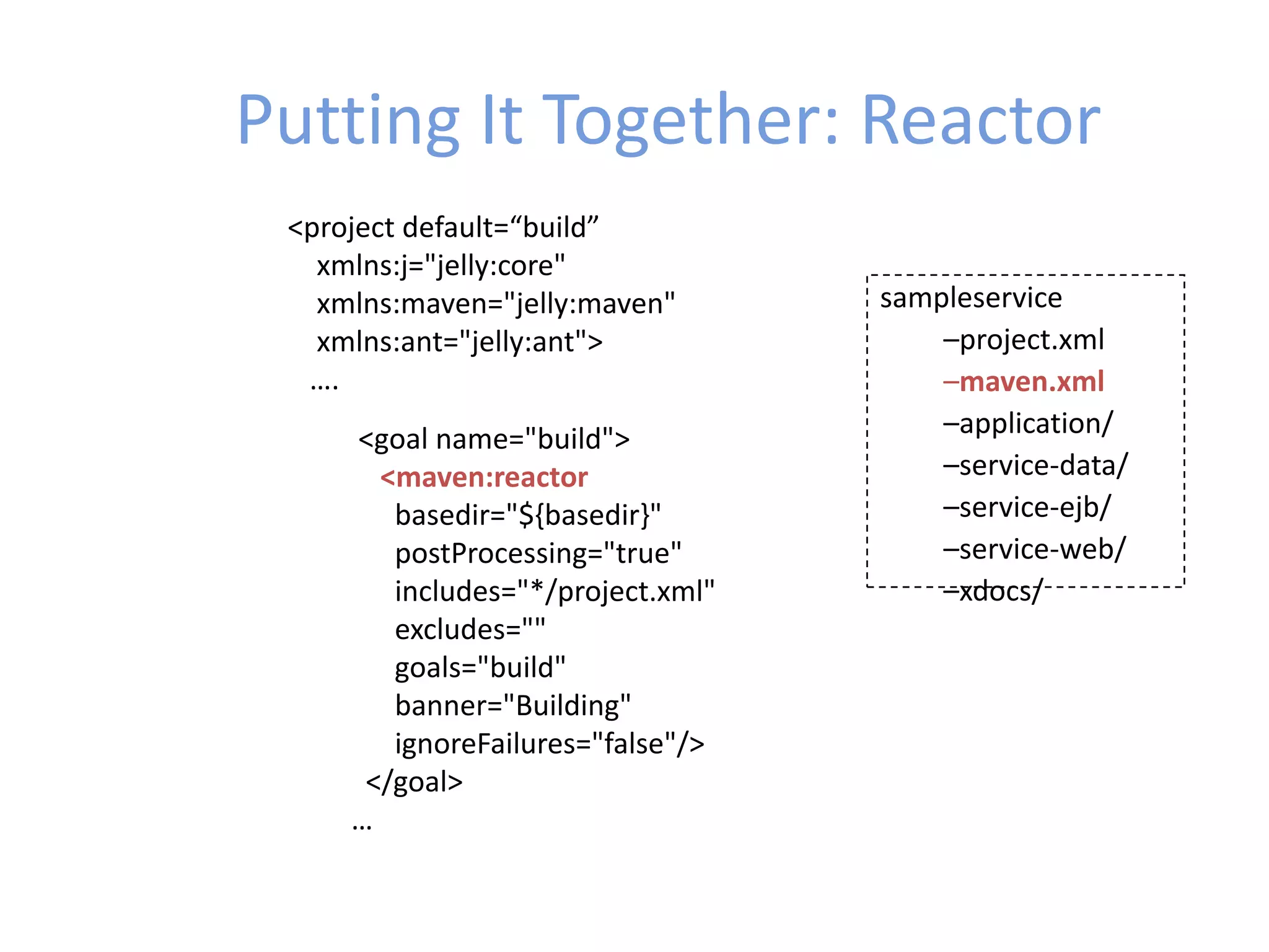 Putting It Together: Reactor
<goal name="build">
<maven:reactor
basedir="${basedir}"
postProcessing="true"
includes="*/project.xml"
excludes=""
goals="build"
banner="Building"
ignoreFailures="false"/>
</goal>
…
sampleservice
–project.xml
–maven.xml
–application/
–service-data/
–service-ejb/
–service-web/
–xdocs/
<project default=“build”
xmlns:j="jelly:core"
xmlns:maven="jelly:maven"
xmlns:ant="jelly:ant">
….
 