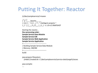 Putting It Together: Reactor
/c/dev/sampleservice/>maven
__ __
| / |__ _Apache__ ___
| |/| / _`  V / -_) '  ~ intelligent projects ~
|_| |___,_|_/___|_||_| v. 1.0-rc1-SNAPSHOT
Starting the reactor...
Our processing order:
Sample Service Data Module
Sample Service EJB
Sample Service Web Application
Sample Service Application
+----------------------------------------
| Building Sample Service Data Module
| Memory: 3M/4M
+----------------------------------------
build:
java:prepare-filesystem:
[mkdir] Created dir: C:devsampleserviceservice-datatargetclasses
java:compile:
….
 