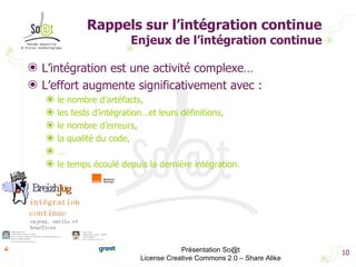 Rappels sur l’intégration continue Enjeux de l’intégration continue L’intégration est une activité complexe… L’effort augmente significativement avec : le nombre d’artéfacts, les tests d’intégration…et leurs définitions, le nombre d’erreurs, la qualité du code, … le temps écoulé depuis la dernière intégration. Présentation So@t License Creative Commons 2.0 – Share Alike 