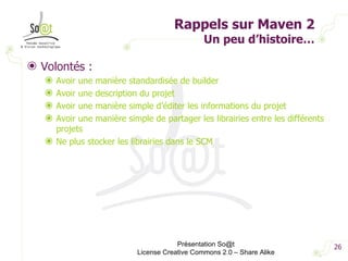 Rappels sur Maven 2 Un peu d’histoire… Volontés : Avoir une manière standardisée de builder Avoir une description du projet Avoir une manière simple d’éditer les informations du projet Avoir une manière simple de partager les librairies entre les différents projets Ne plus stocker les librairies dans le SCM Présentation So@t License Creative Commons 2.0 – Share Alike 