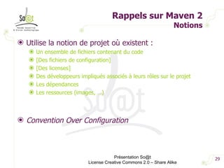 Rappels sur Maven 2 Notions Utilise la notion de projet où existent : Un ensemble de fichiers contenant du code [Des fichiers de configuration] [Des licenses] Des développeurs impliqués associés à leurs rôles sur le projet Les dépendances Les ressources (images, …) Convention Over Configuration Présentation So@t License Creative Commons 2.0 – Share Alike 