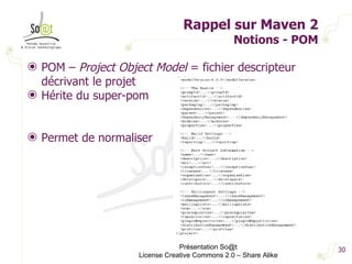 Rappel sur Maven 2 Notions - POM POM –  Project Object Model  = fichier descripteur décrivant le projet Hérite du super-pom Permet de normaliser Présentation So@t License Creative Commons 2.0 – Share Alike 