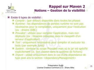 Rappel sur Maven 2 Notions – Gestion de la visibilité Existe 6 types de visibilité : Compile  : (par défaut) disponible dans toutes les phases Runtime  : les dépendances de portées runtime ne sont pas nécessaires pour la compilation, uniquement pour l'exécution (ex : drivers JDBC) Provided  : utilisée pour compiler l'application, mais non déployée (ex : librairies présentes dans le classpath d’un serveur d’application) Test  : uniquement nécessaires pour compiler et exécuter les tests (par exemple Junit) System :  similaire au scope Provided mais où le jar est spécifié explicitement (ie. Son chemin dans le système de fichiers) Import  : utilisé uniquement dans le cas d’une dépendance de type pom ans la section <dependencyManagement> Présentation So@t License Creative Commons 2.0 – Share Alike 