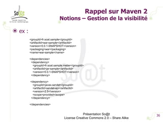 Rappel sur Maven 2 Notions – Gestion de la visibilité ex : Présentation So@t License Creative Commons 2.0 – Share Alike <groupId>fr.soat.sample</groupId> <artifactId>war-sample</artifactId> <version>0.0.1-SNAPSHOT</version> <packaging>war</packaging> <name>war-sample</name> <dependencies> <dependency> <groupId>fr.soat.sample.metier</groupId> <artifactId>jar-sample</artifactId> <version>0.0.1-SNAPSHOT</version> </dependency> <dependency> <groupId>javax.servlet</groupId> <artifactId>servlet-api</artifactId> <version>2.5</version> <scope>provided</scope> </dependency> </dependencies> 