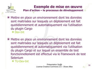 Exemple de mise en œuvre  Plan d’action – le processus de développement Mettre en place un environnement dont les données sont maitrisées sur lesquels un déploiement est fait quotidiennement et automatiquement via l’utilisation du plugin Cargo Dev-Int Mettre en place un environnement dont les données sont maitrisées sur lesquels un déploiement est fait quotidiennement et automatiquement via l’utilisation du plugin Cargo et sur lequel un ensemble de test fonctionnellement est effectué via le framework de test Selenium TU-Dev-Int Présentation So@t License Creative Commons 2.0 – Share Alike 