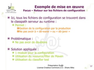 Exemple de mise en œuvre  Focus – Retour sur les fichiers de configuration Ici, tous les fichiers de configuration se trouvent dans le classpath serveur au runtime : Permet : Gestion de la configuration par la production Ne pas avoir à « dé-warer » ou « dé-jarer » Problématique : Ne pas avoir de doublons Solution appliquée : 1 module pour la configuration Utilisation du resource/filter de Maven Utilisation du classifier test Présentation So@t License Creative Commons 2.0 – Share Alike 