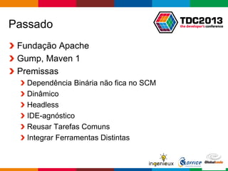 Globalcode – Open4education
Passado
Fundação Apache
Gump, Maven 1
Premissas
Dependência Binária não fica no SCM
Dinâmico
Headless
IDE-agnóstico
Reusar Tarefas Comuns
Integrar Ferramentas Distintas
 