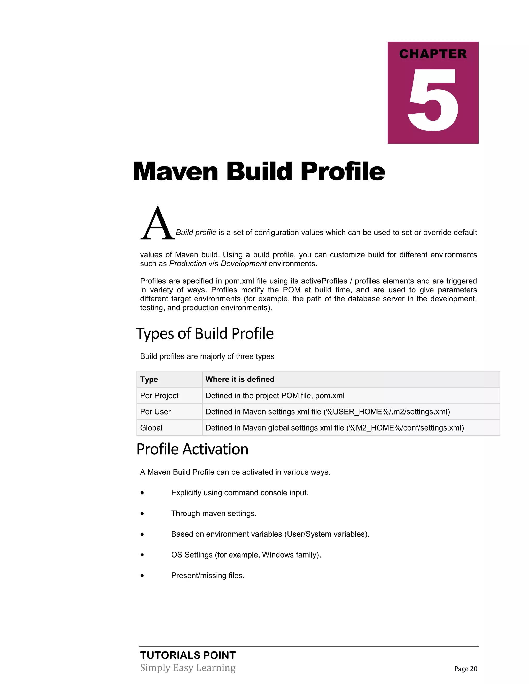 TUTORIALS POINT
Simply Easy Learning Page 20
Maven Build Profile
ABuild profile is a set of configuration values which can be used to set or override default
values of Maven build. Using a build profile, you can customize build for different environments
such as Production v/s Development environments.
Profiles are specified in pom.xml file using its activeProfiles / profiles elements and are triggered
in variety of ways. Profiles modify the POM at build time, and are used to give parameters
different target environments (for example, the path of the database server in the development,
testing, and production environments).
Types of Build Profile
Build profiles are majorly of three types
Type Where it is defined
Per Project Defined in the project POM file, pom.xml
Per User Defined in Maven settings xml file (%USER_HOME%/.m2/settings.xml)
Global Defined in Maven global settings xml file (%M2_HOME%/conf/settings.xml)
Profile Activation
A Maven Build Profile can be activated in various ways.
 Explicitly using command console input.
 Through maven settings.
 Based on environment variables (User/System variables).
 OS Settings (for example, Windows family).
 Present/missing files.
CHAPTER
5
 