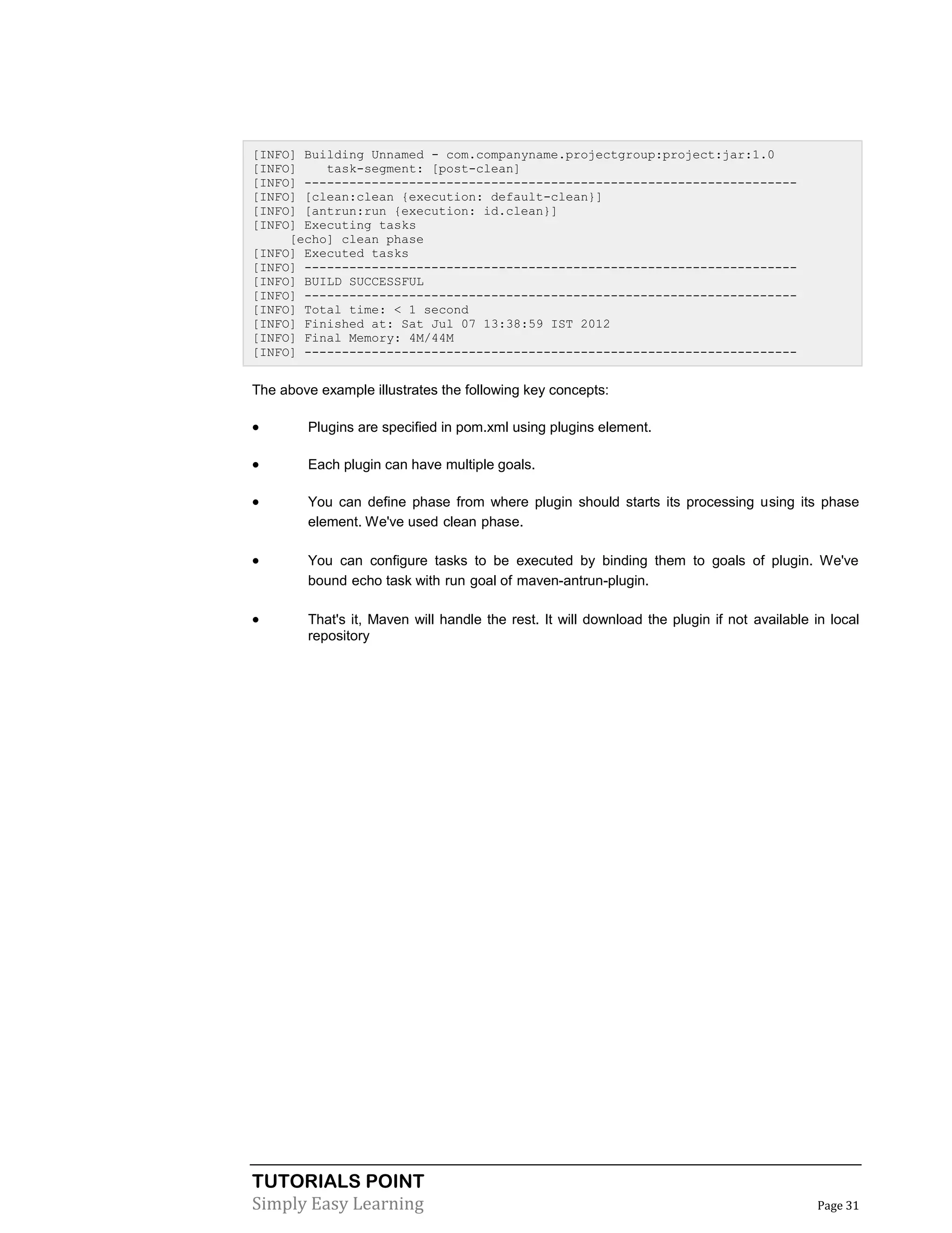 TUTORIALS POINT
Simply Easy Learning Page 31
[INFO] Building Unnamed - com.companyname.projectgroup:project:jar:1.0
[INFO] task-segment: [post-clean]
[INFO] ------------------------------------------------------------------
[INFO] [clean:clean {execution: default-clean}]
[INFO] [antrun:run {execution: id.clean}]
[INFO] Executing tasks
[echo] clean phase
[INFO] Executed tasks
[INFO] ------------------------------------------------------------------
[INFO] BUILD SUCCESSFUL
[INFO] ------------------------------------------------------------------
[INFO] Total time: < 1 second
[INFO] Finished at: Sat Jul 07 13:38:59 IST 2012
[INFO] Final Memory: 4M/44M
[INFO] ------------------------------------------------------------------
The above example illustrates the following key concepts:
 Plugins are specified in pom.xml using plugins element.
 Each plugin can have multiple goals.
 You can define phase from where plugin should starts its processing using its phase
element. We've used clean phase.
 You can configure tasks to be executed by binding them to goals of plugin. We've
bound echo task with run goal of maven-antrun-plugin.
 That's it, Maven will handle the rest. It will download the plugin if not available in local
repository
 