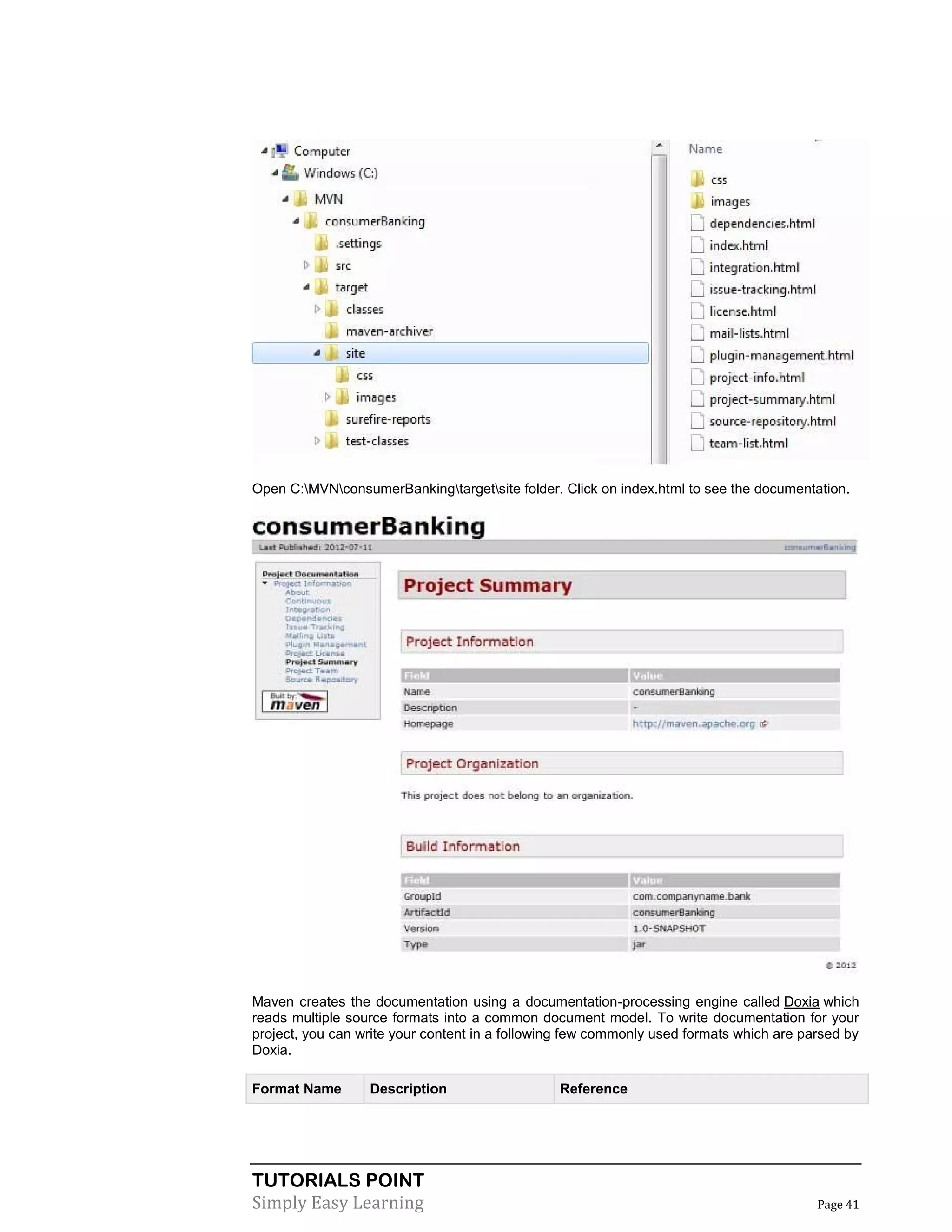 TUTORIALS POINT
Simply Easy Learning Page 41
Open C:MVNconsumerBankingtargetsite folder. Click on index.html to see the documentation.
Maven creates the documentation using a documentation-processing engine called Doxia which
reads multiple source formats into a common document model. To write documentation for your
project, you can write your content in a following few commonly used formats which are parsed by
Doxia.
Format Name Description Reference
 